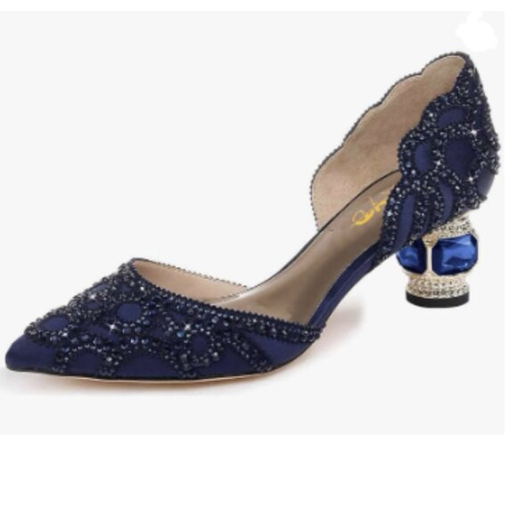 XYD Women's Pumps, Elegant Pointed Toe, D'Orsay Crystal Chunky Low Heels - Picture 1 of 8